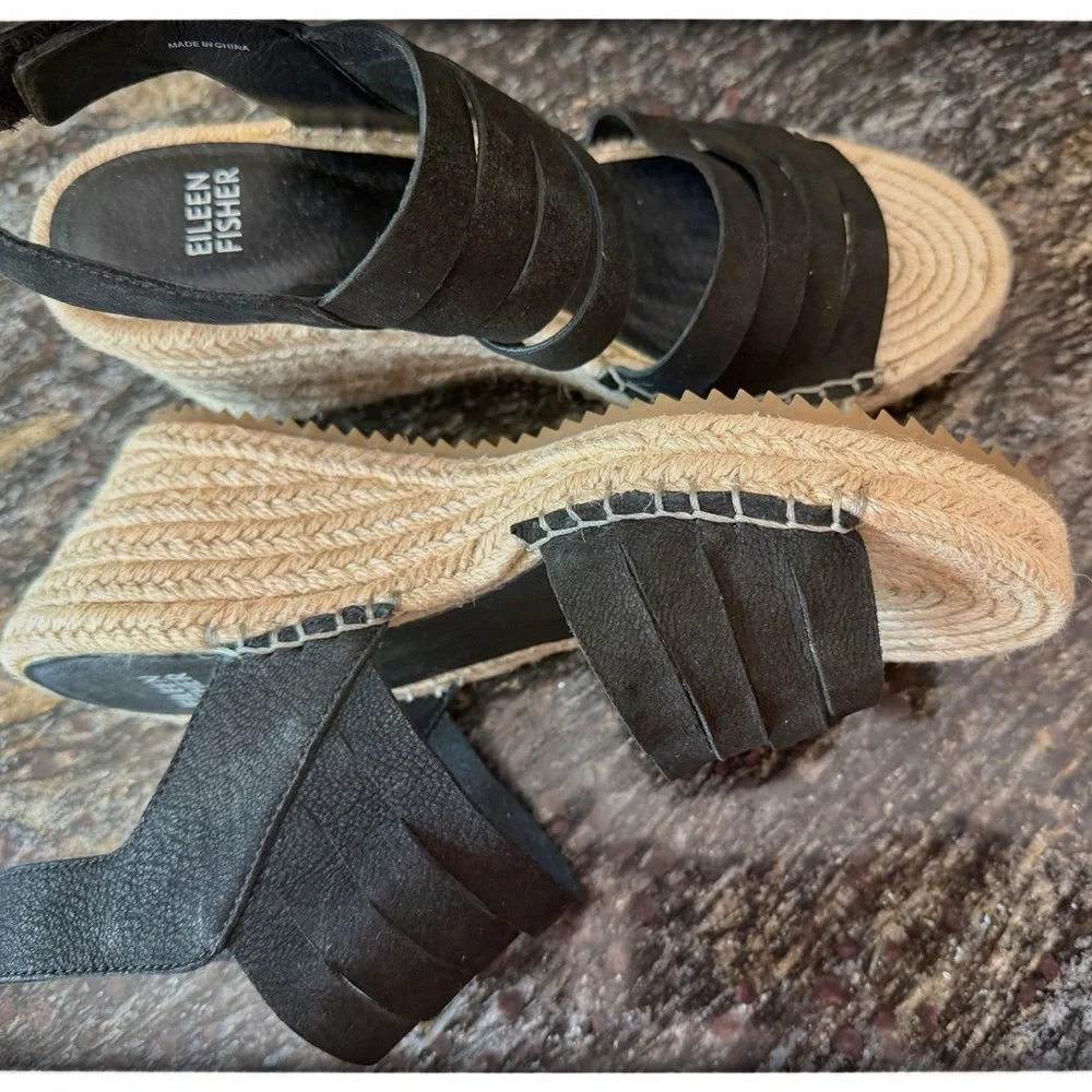 Eileen Fisher 7.5 Black Suede Strappy Espadrille Wedges